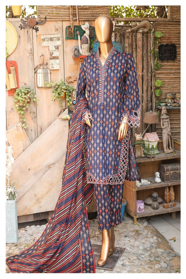 Lawn - Stitched Printed 3piece With Embroidered Cut work  - Blue