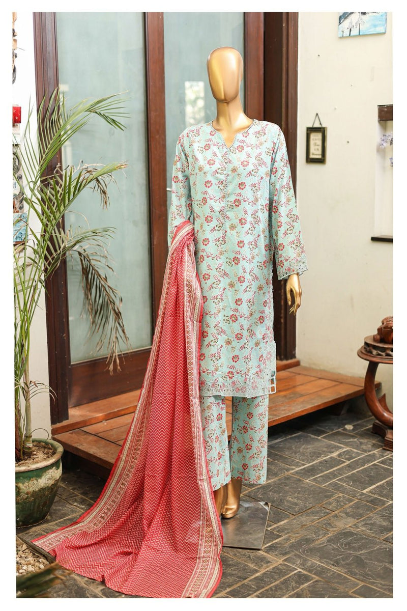 Lawn - Stitched Printed 3piece With Embroidered Cut work  - Ferozi