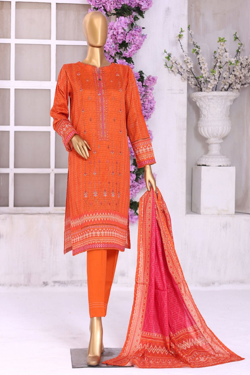 Lawn - Stitched Embroidered 3piece With Lace Work  - Orange