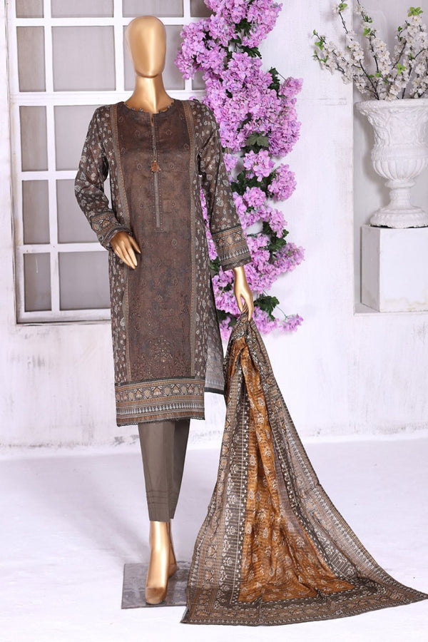 Lawn - Stitched Embroidered 3piece With Lace Work  - Brown