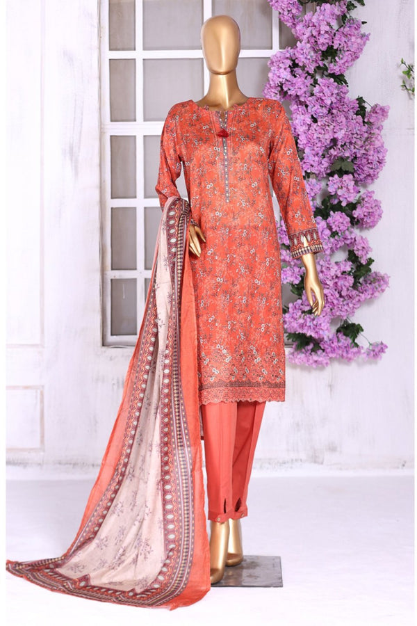 Lawn - Stitched Embroidered 3piece With Lace Work  - T.Pink