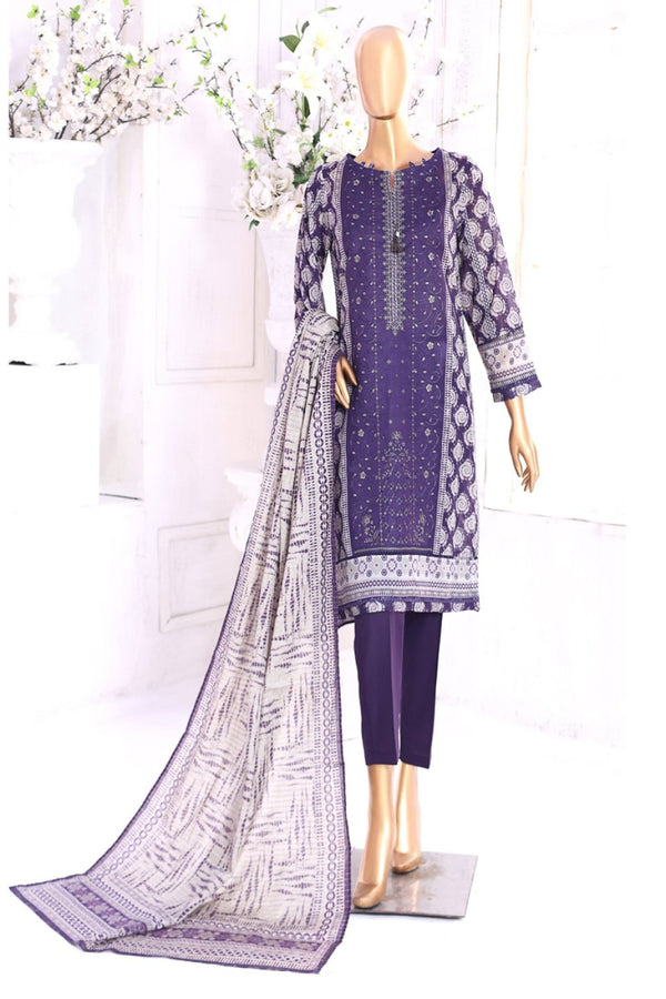 Lawn - Stitched Embroidered 3piece With Lace Work  - Purple