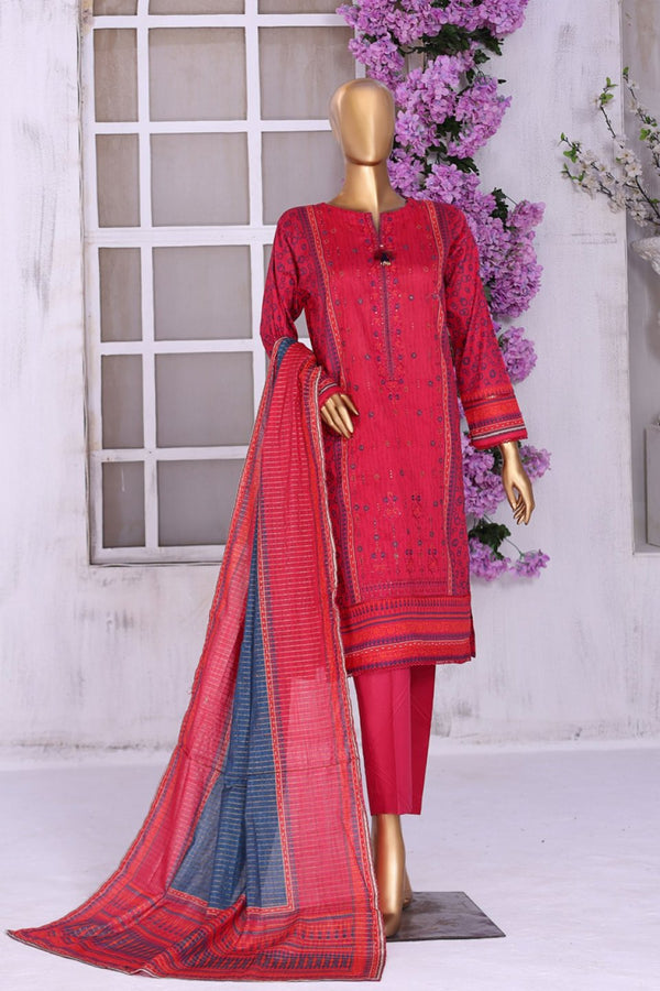 Lawn - Stitched Embroidered 3piece With Lace Work  - Fuchsia