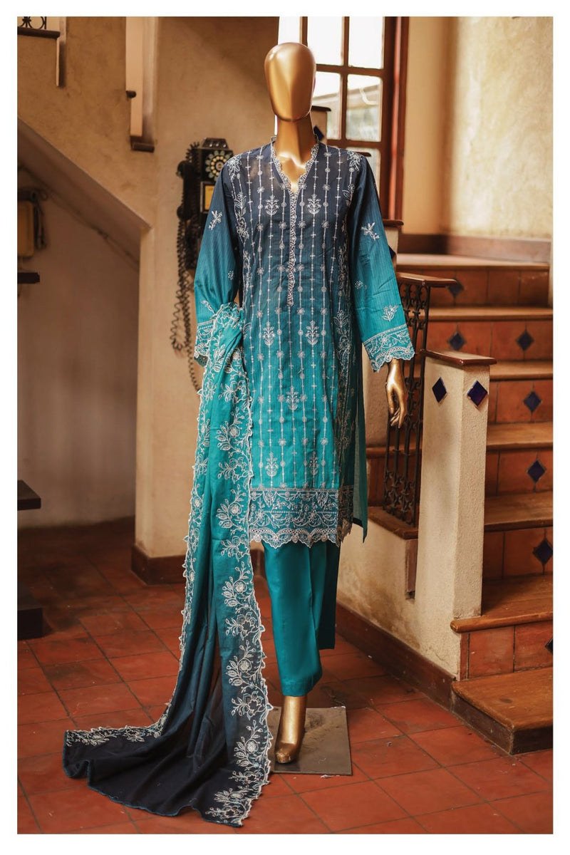 Lawn Tie & Dye - Stitched Embroidered/Cutwork 3piece With Emb Dupatta - Teal-Blue