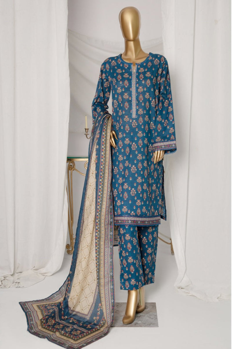 Lawn - Stitched Printed 3piece with Lace work - Blue