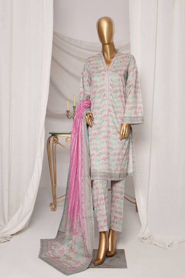 Lawn - Stitched Printed 3piece with Lace work - L.Grey