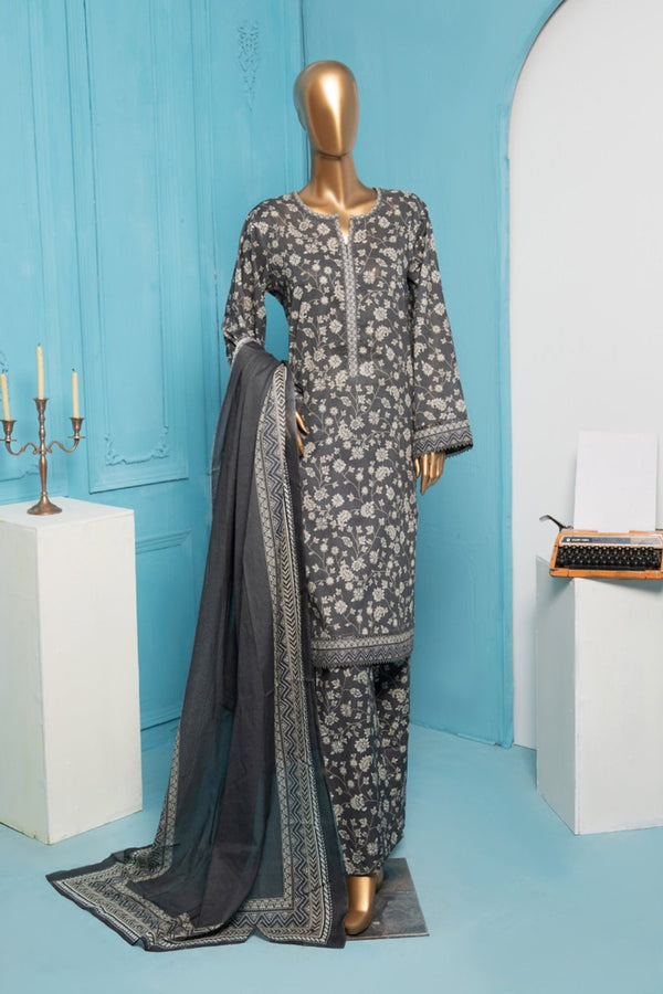 Lawn - Stitched Printed 3piece with Lace work - Grey