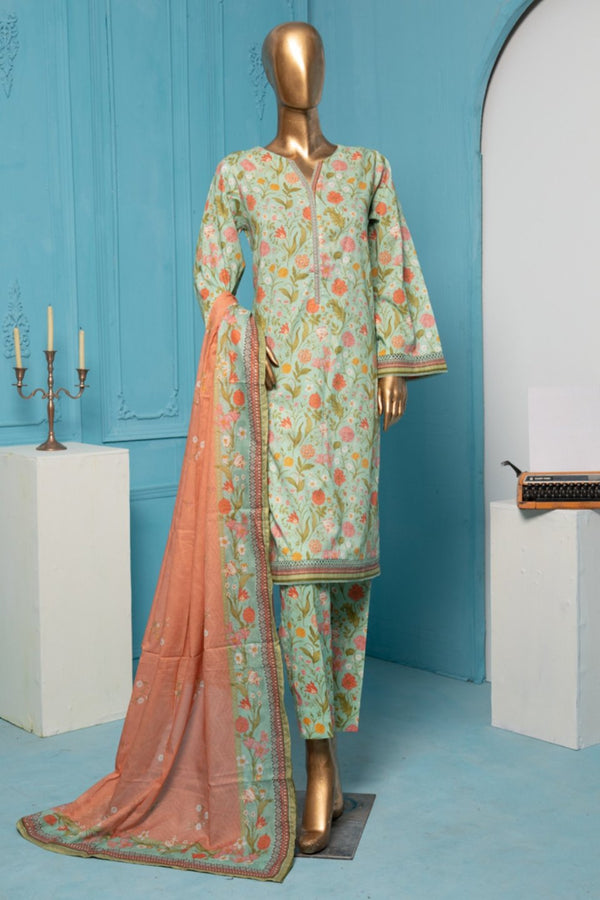 Lawn - Stitched Printed 3piece with Lace work - Pista