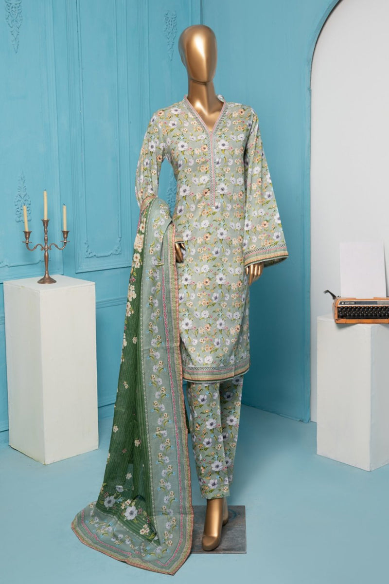 Lawn - Stitched Printed 3piece with Lace work - Pista