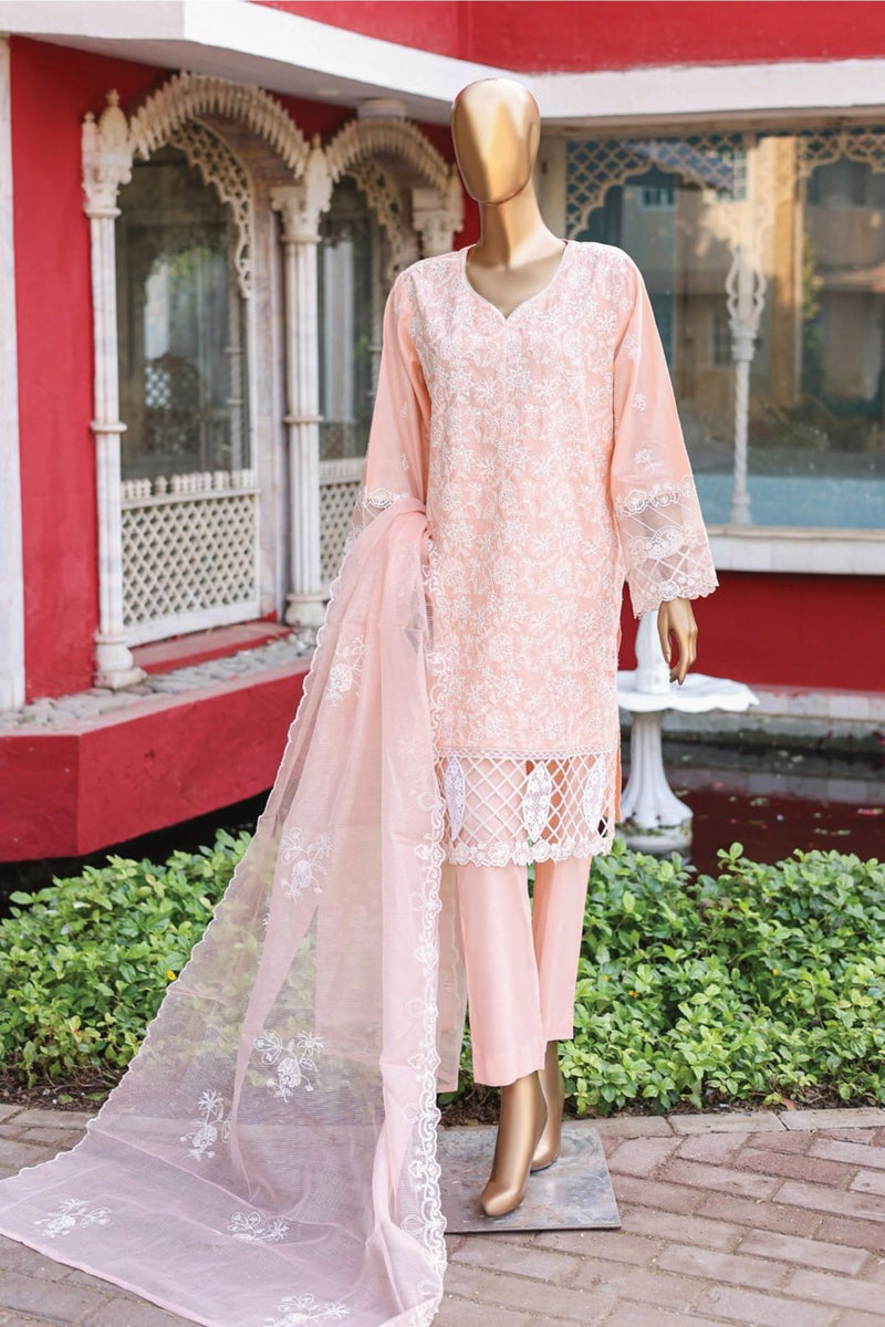 Festive Lawn-kari - Stitched embroidered 3piece with emb organza net dupatta - Peach