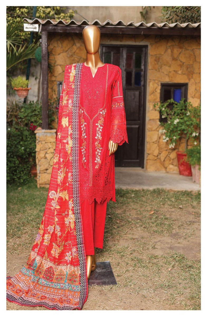 Festive Lawn - Stitched Embroidered 3piece with Printed Lawn Dupatta - Red