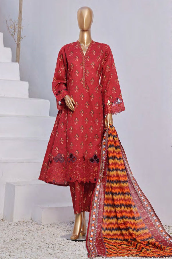 Lawn Frock Style – Stitched Embroidered 3piece with Cutwork  - Maroon