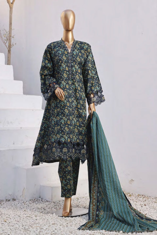 Lawn Frock Style – Stitched Embroidered 3piece with Cutwork  - Teal