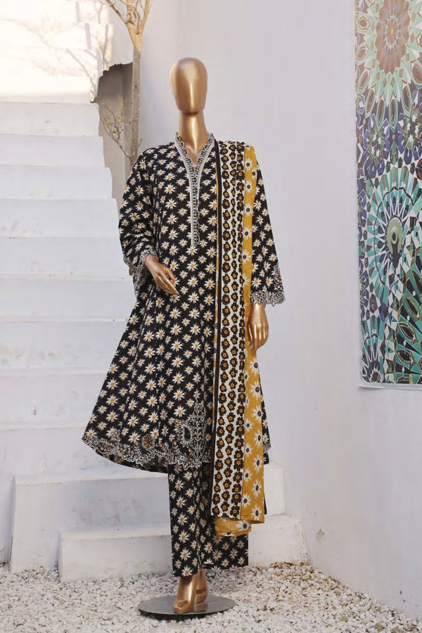 Lawn Frock Style – Stitched Embroidered 3piece with Cutwork  - Black