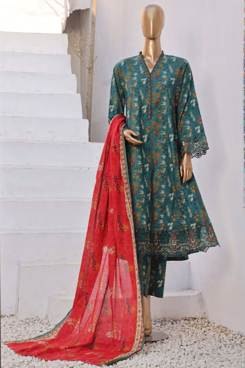 Lawn Frock Style – Stitched Embroidered 3piece with Cutwork  - Green