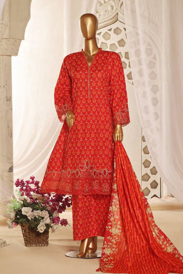 Lawn Frock Style – Stitched Embroidered 3piece with Cutwork  - Red