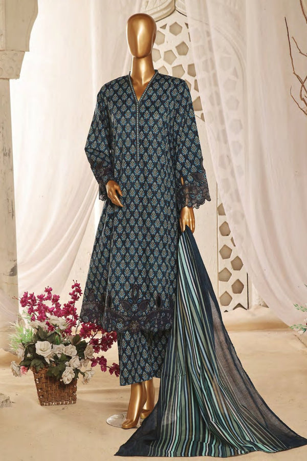 Lawn Frock Style – Stitched Embroidered 3piece with Cutwork  - Blue