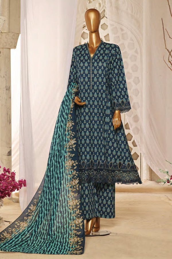Lawn Frock Style – Stitched Embroidered 3piece with Cutwork  - Zinc