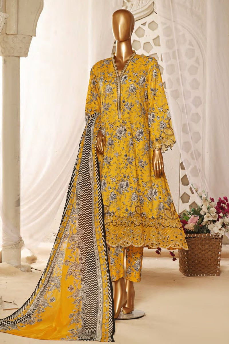 Lawn Frock Style – Stitched Embroidered 3piece with Cutwork  - Yellow