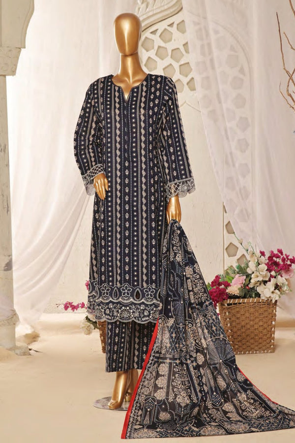 Lawn Frock Style – Stitched Embroidered 3piece with Cutwork  - N.Blue