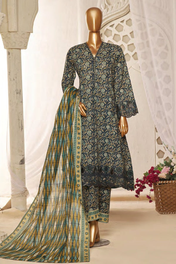 Lawn Frock Style – Stitched Embroidered 3piece with Cutwork  - Green