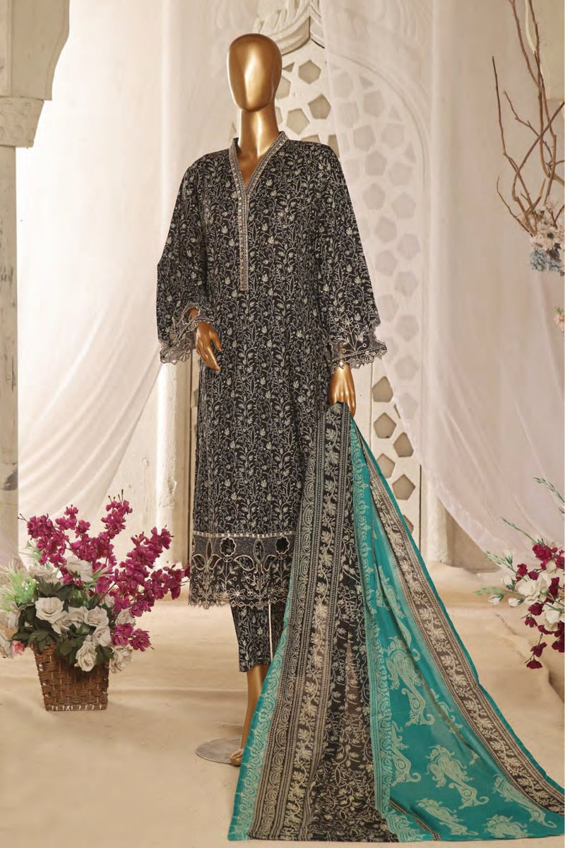 Lawn Frock Style – Stitched Embroidered 3piece with Cutwork  - Black