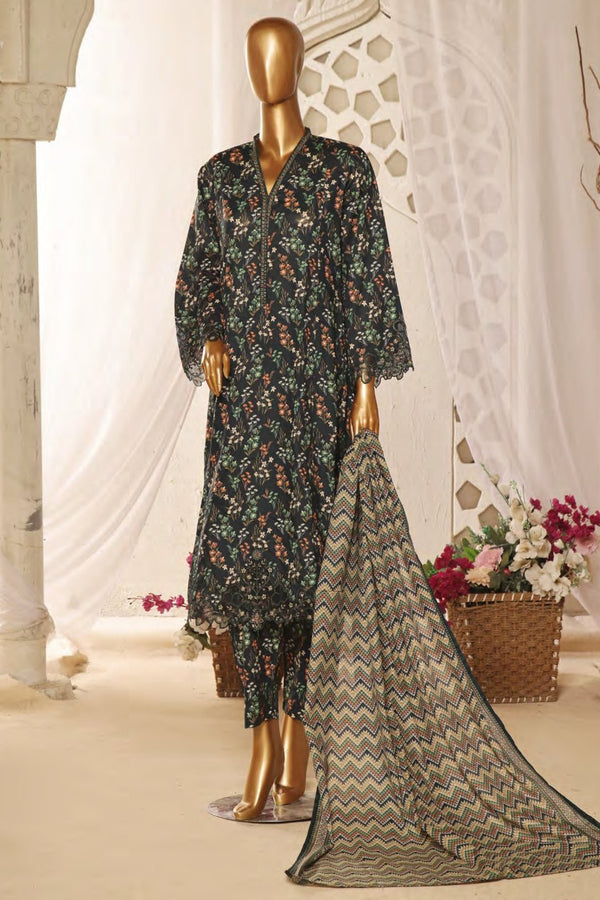 Lawn Frock Style – Stitched Embroidered 3piece with Cutwork  - Green