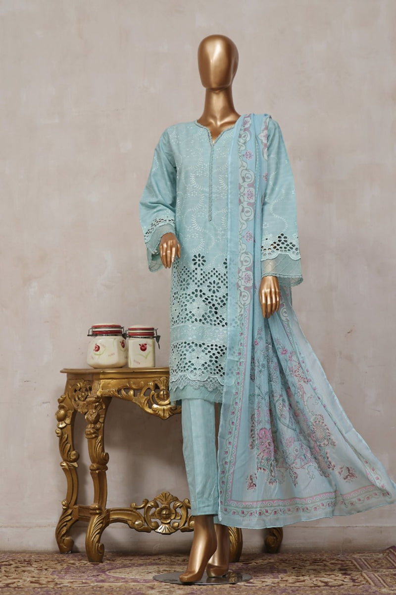 Festive Lawn Chikankari - Stitched Embroidered 3piece with Printed Chiffon Dupatta - Ferozi