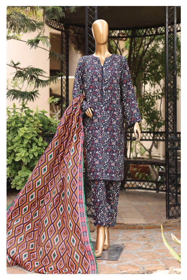 Lawn - Stitched Printed 3piece with Lace work - Blue Multi