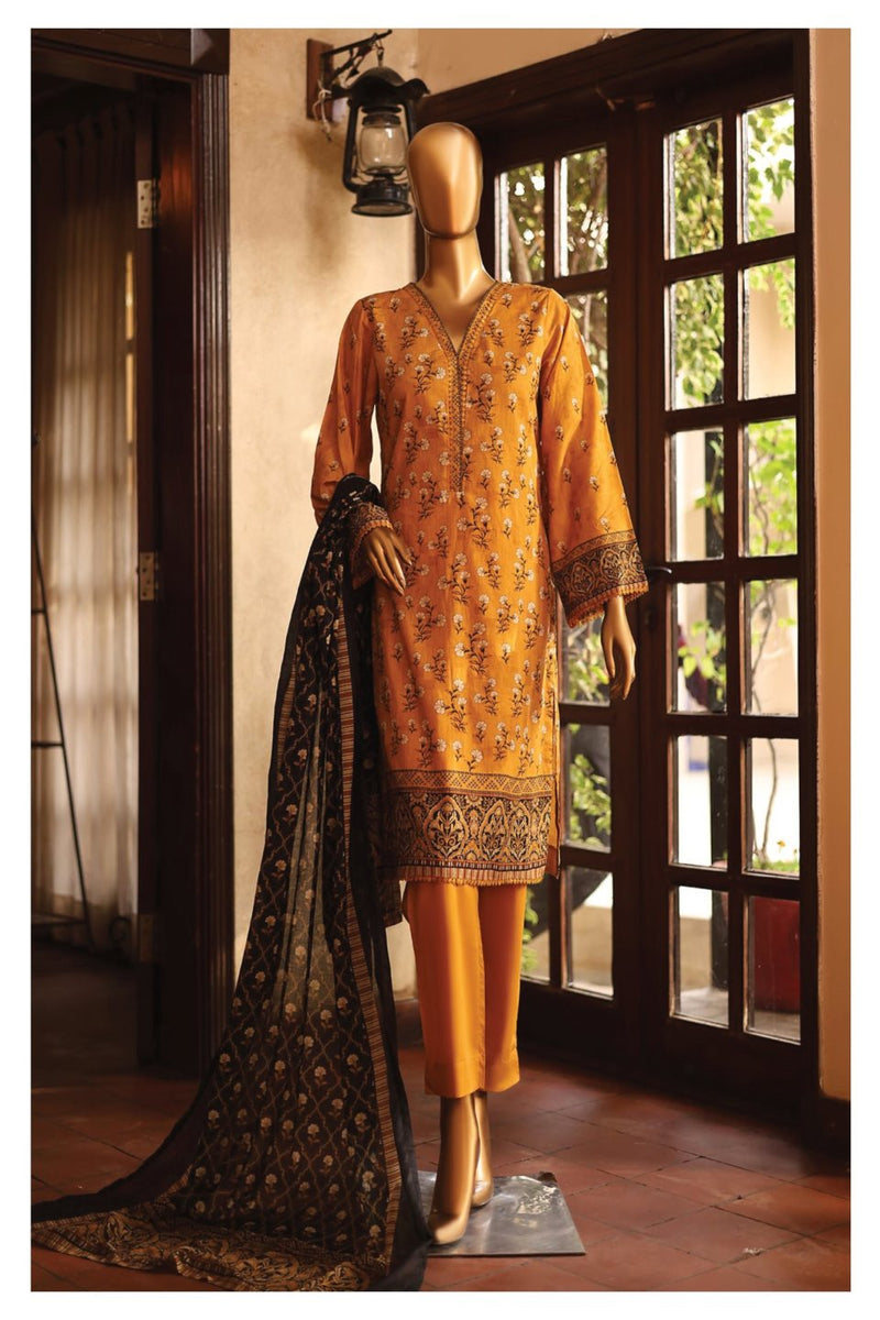 Lawn - Stitched Printed 3piece with Lace work - Yellow