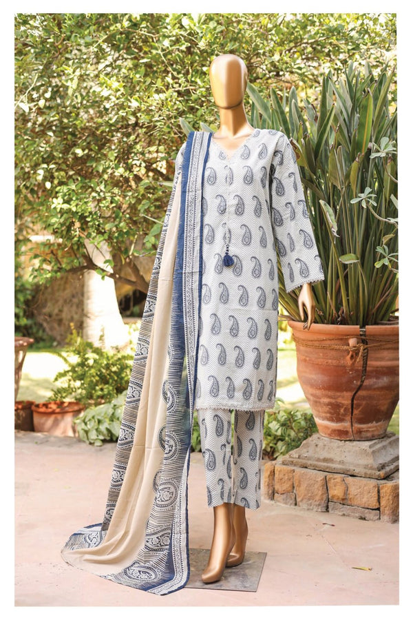 Lawn - Stitched Printed 3piece with Lace work - White-Blue