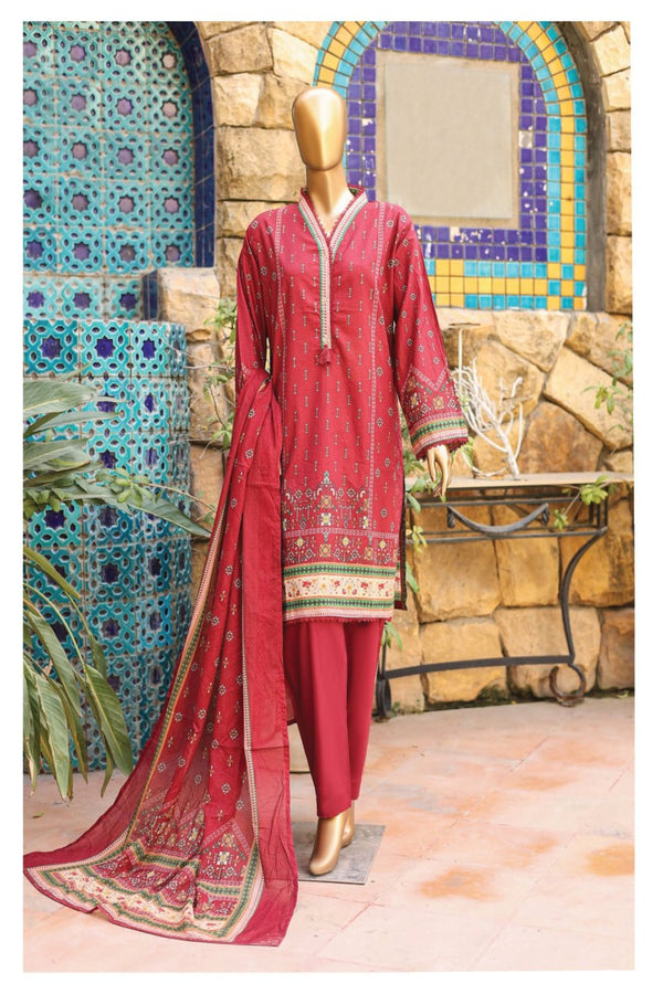 Lawn - Stitched Printed 3piece with Lace work - Red