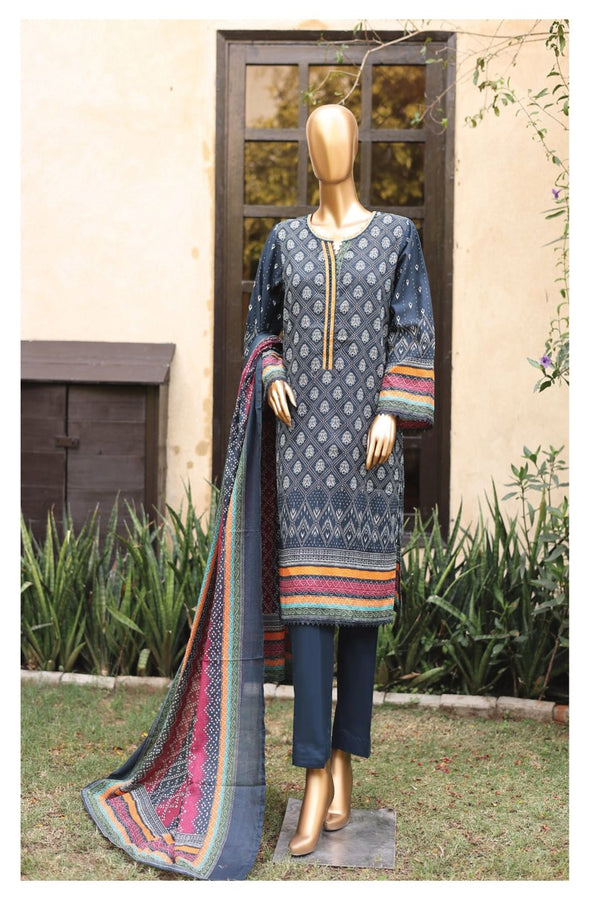 Lawn - Stitched Printed 3piece with Lace work - Blue