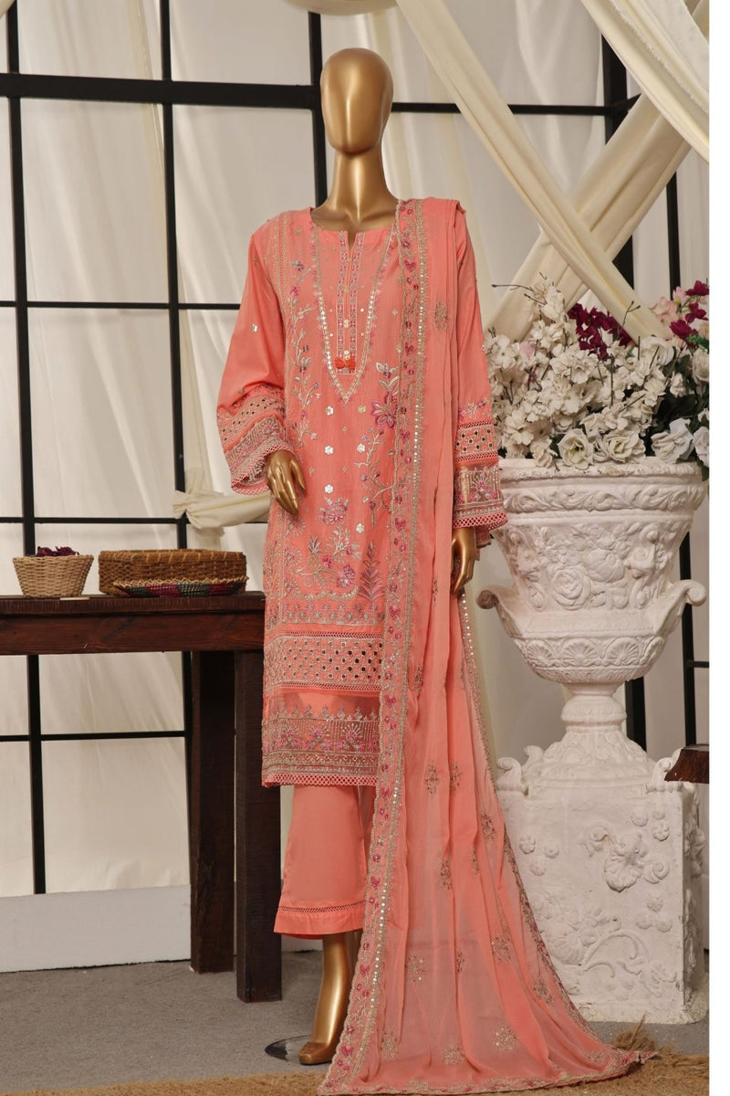 Lawn Embroidered festive 3piece collection with Emb chiffon dupatta - Peach