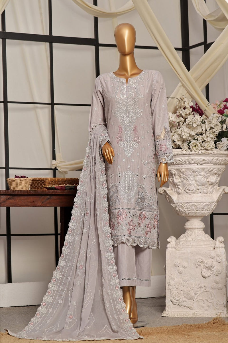 Lawn Embroidered festive 3piece collection with Emb chiffon dupatta - Grey