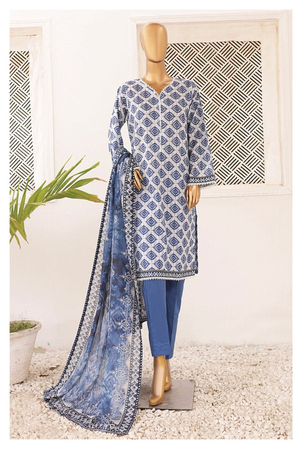 Lawn - Stitched Printed 3piece with Lace work - Blue-White