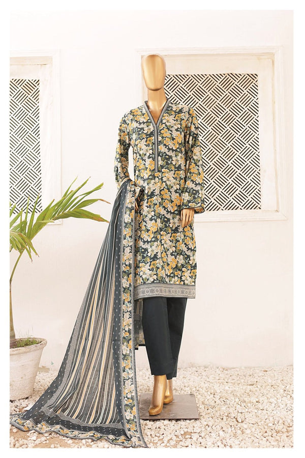 Lawn - Stitched Printed 3piece with Lace work - Grey