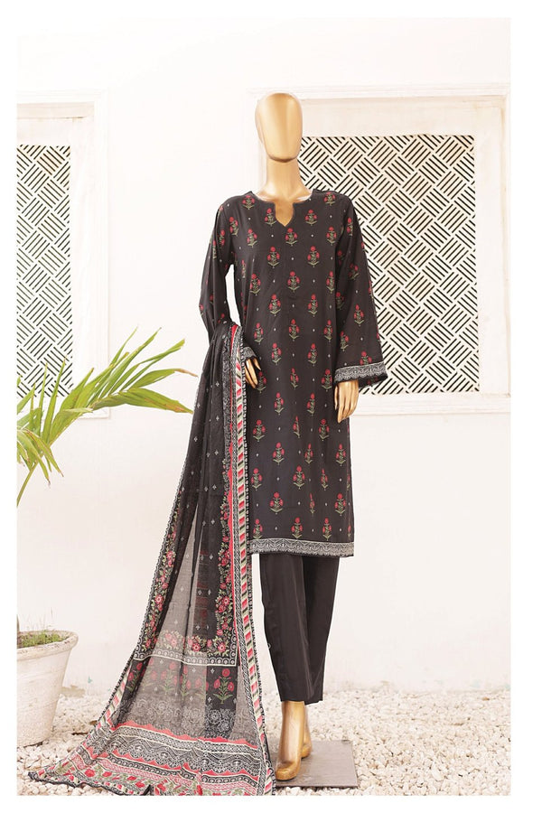 Lawn - Stitched Printed 3piece with Lace work - Black