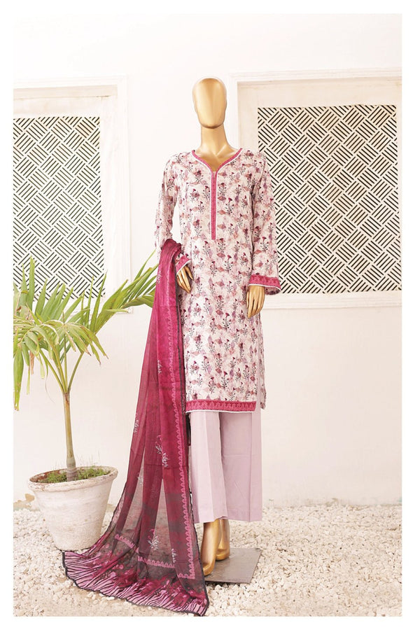 Lawn - Stitched Printed 3piece with Lace work - Fuchsia-White