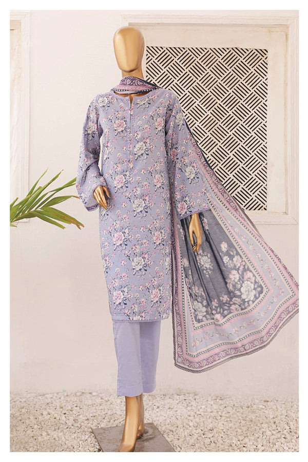 Lawn - Stitched Printed 3piece with Lace work - Light Purple