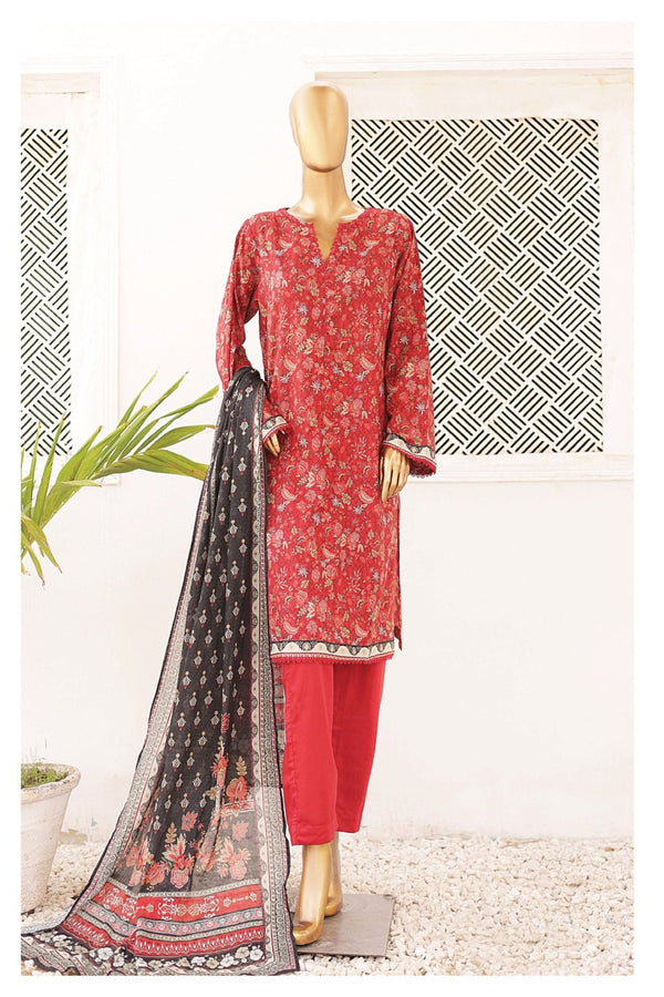 Lawn - Stitched Printed 3piece with Lace work - Red