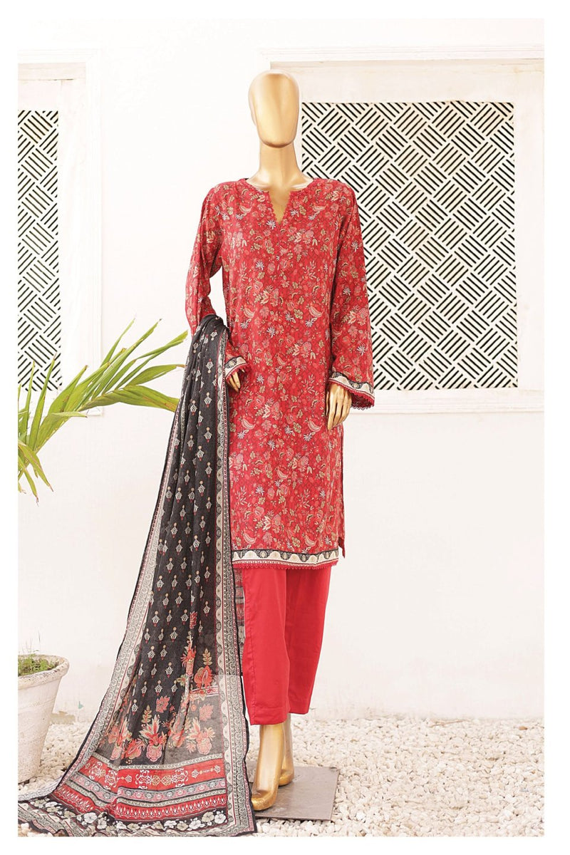 Lawn - Stitched Printed 3piece with Lace work - Red