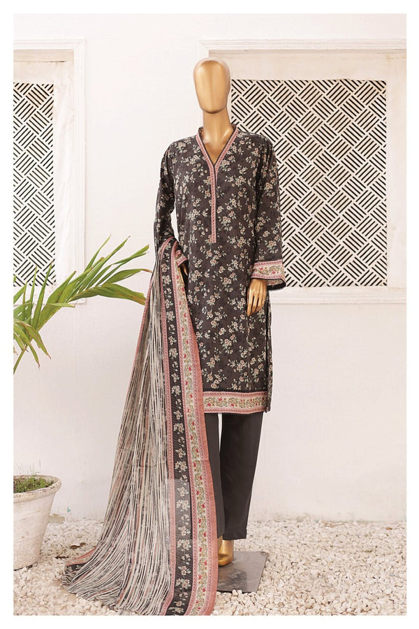Lawn - Stitched Printed 3piece with Lace work - Charcoal Grey