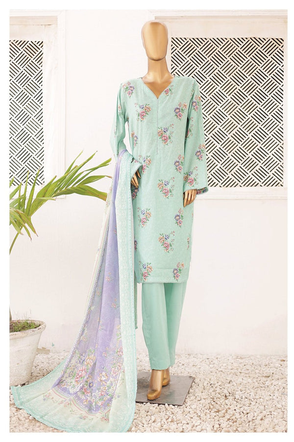 Lawn - Stitched Printed 3piece with Lace work - Sea Green