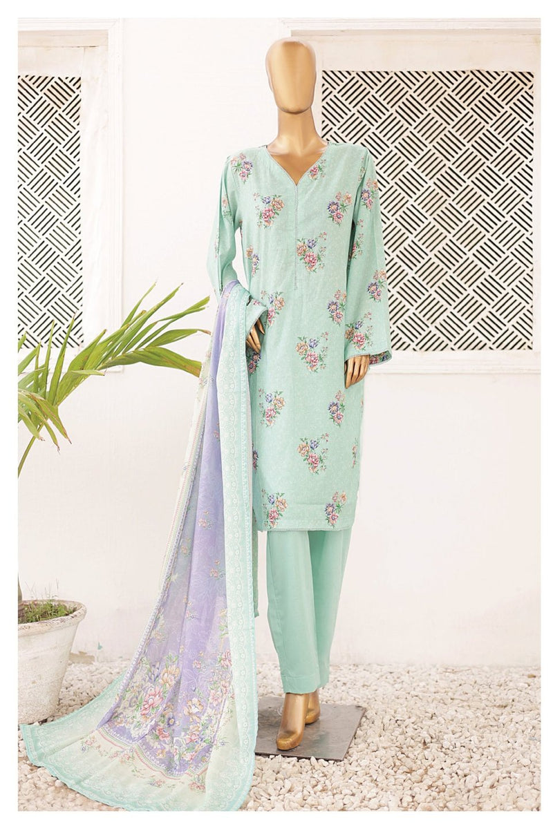 Lawn - Stitched Printed 3piece with Lace work - Sea Green