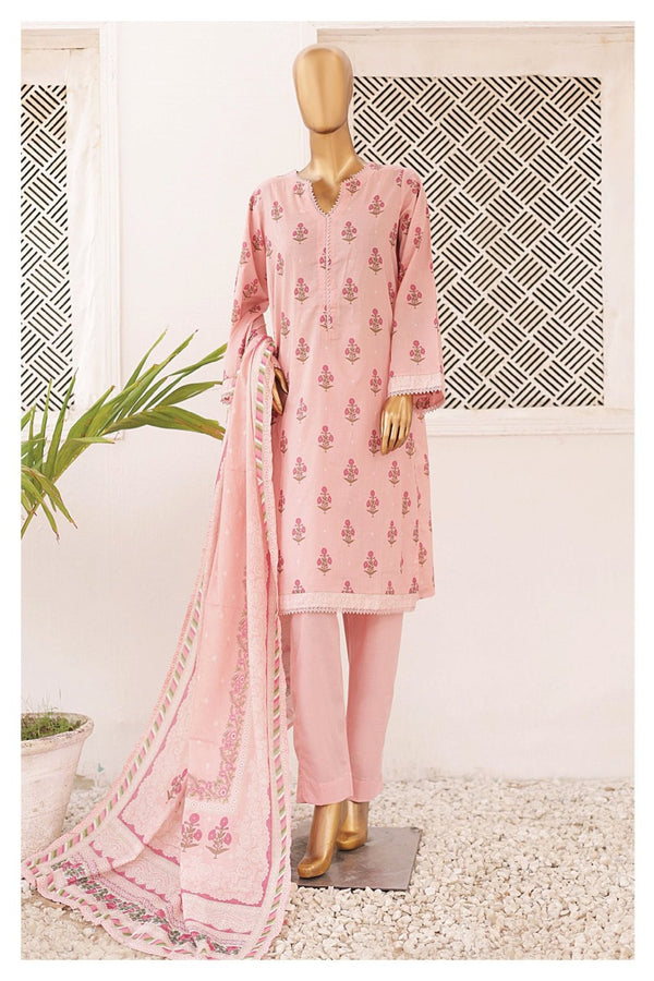 Lawn - Stitched Printed 3piece with Lace work - L.Pink