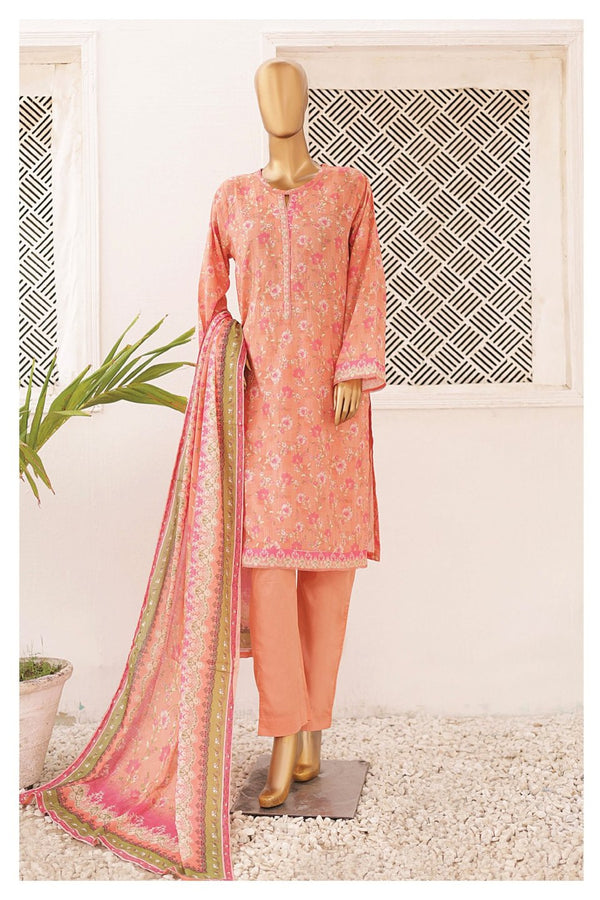 Lawn - Stitched Printed 3piece with Lace work - Peach