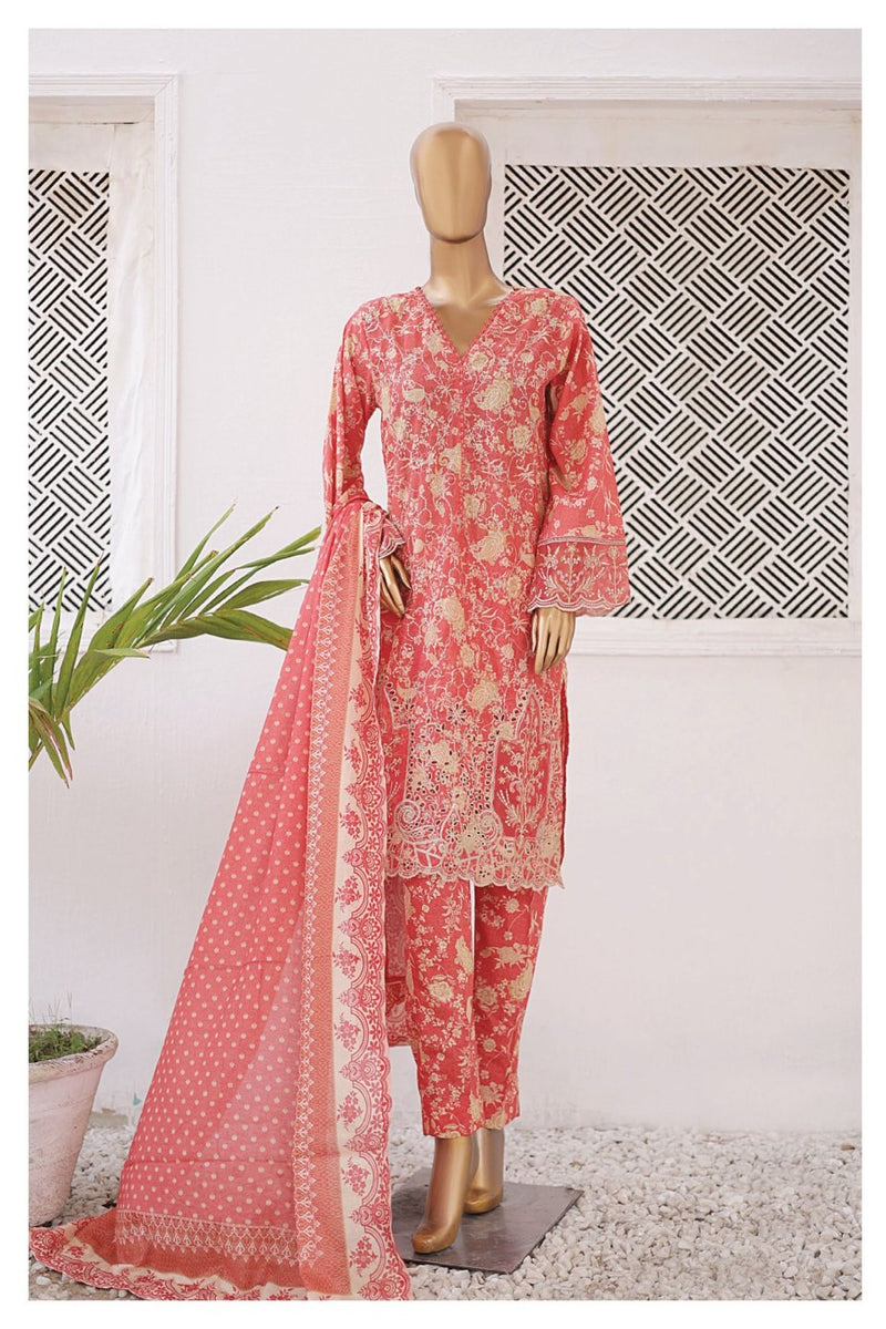 Lawn Kari - Stitched Embroidered 3piece With Schiffli work & Cut work  - Pink