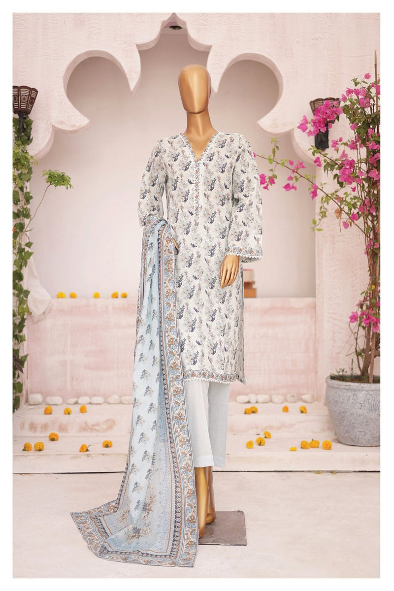 Lawn - Stitched Printed 3piece with Lace work - Sky Blue