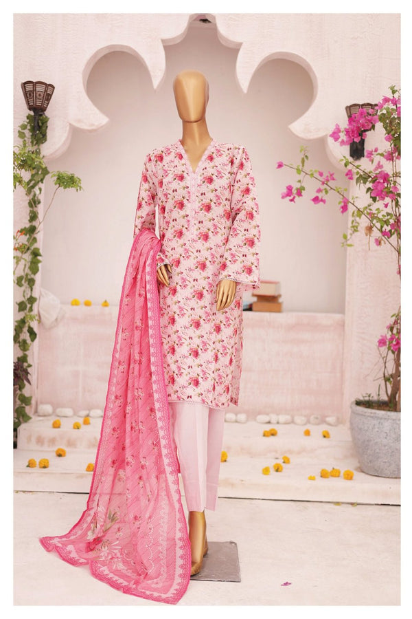 Lawn - Stitched Printed 3piece with Lace work - Light Pink